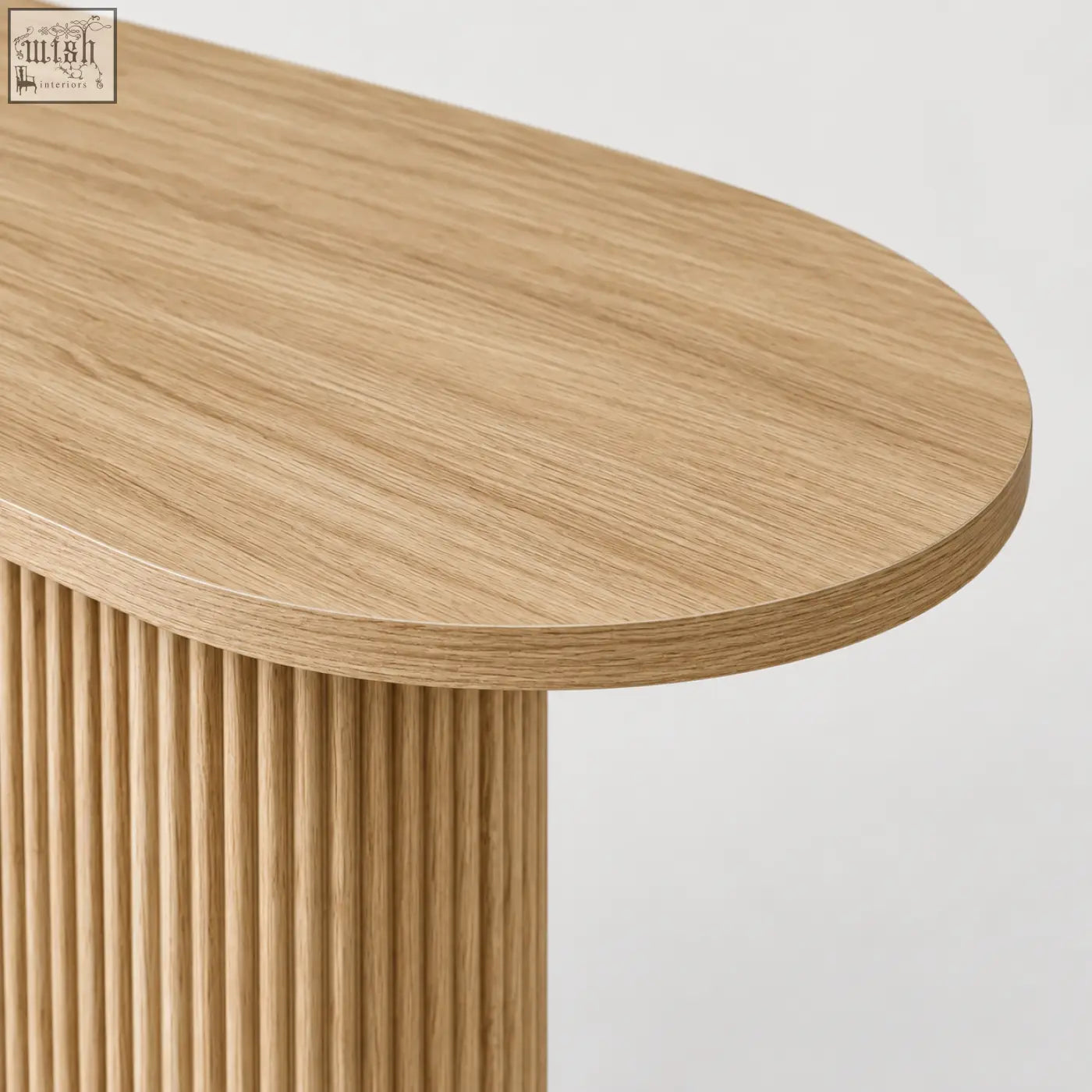 Light oak wood kew 110cm console table with smooth oval top and close vertical fluting on the legs