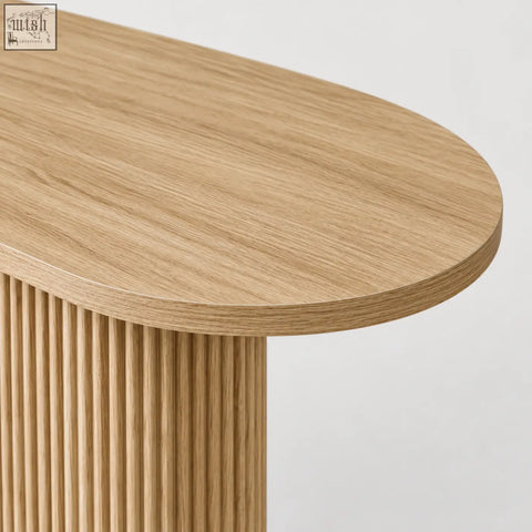 Light oak wood kew 110cm console table with smooth oval top and close vertical fluting on the legs