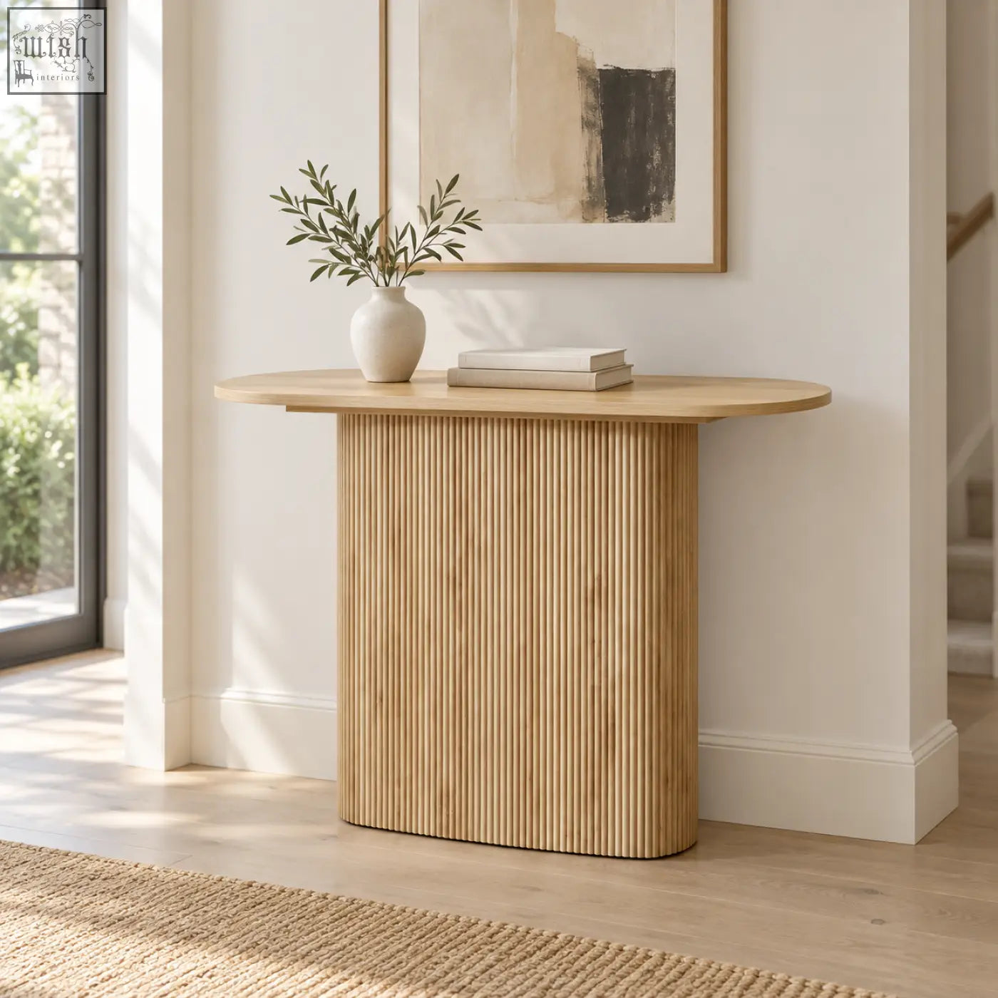 Light wood kew 110cm oak-effect console table with close vertical fluting and oval top for stylish storage