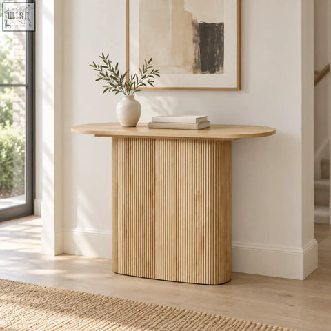 Light wood kew 110cm oak-effect console table with close vertical fluting and oval top for stylish storage