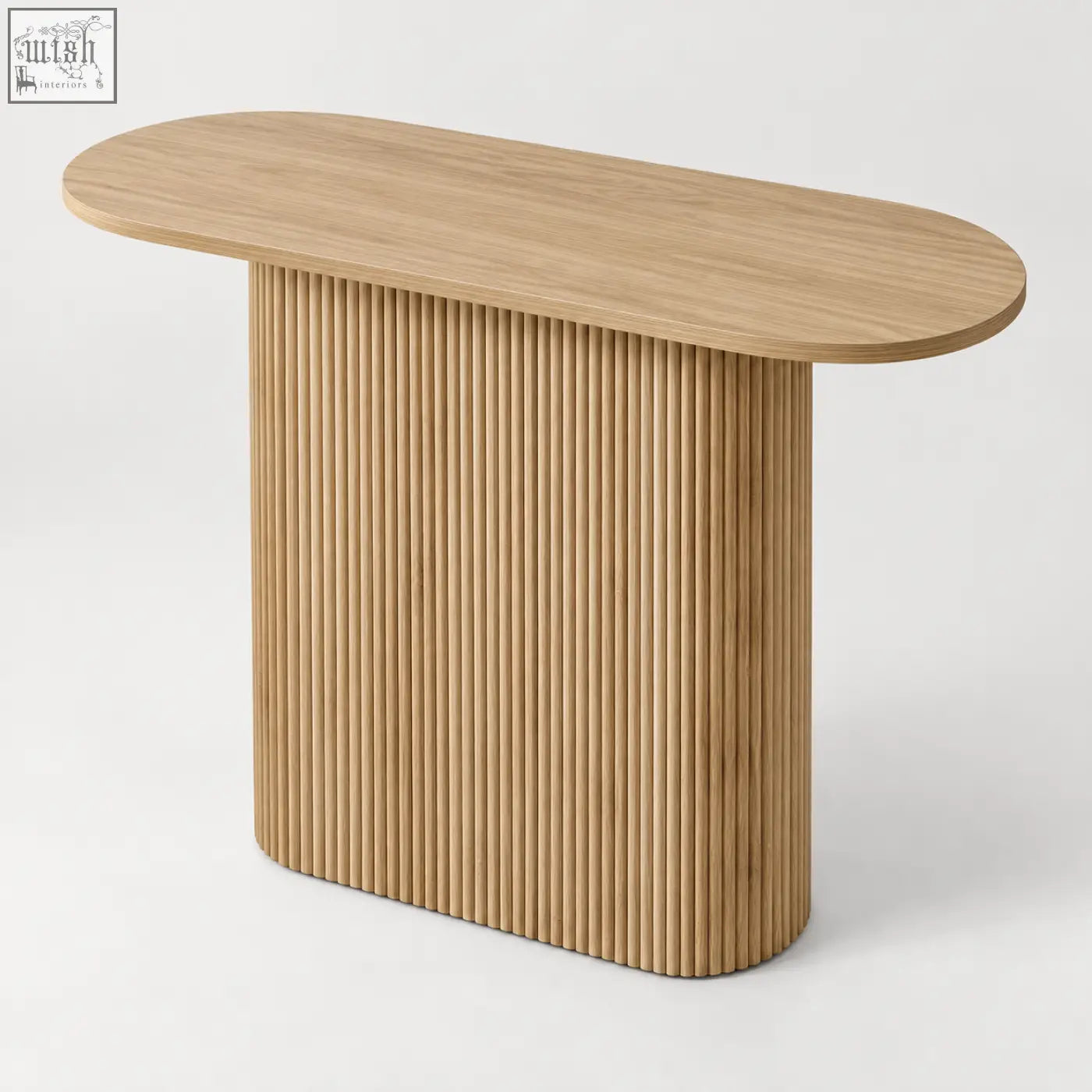 Modern oval wooden console table with light oak finish and close vertical fluting on the legs for a sleek look