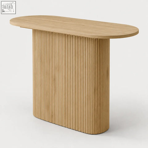A sleek 110cm oak-effect wooden console table with close vertical fluting on the base for stylish storage