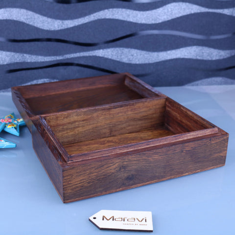 Dark brown khalka plain wooden storage box with divided interior made of solid wood featuring visible grain patterns