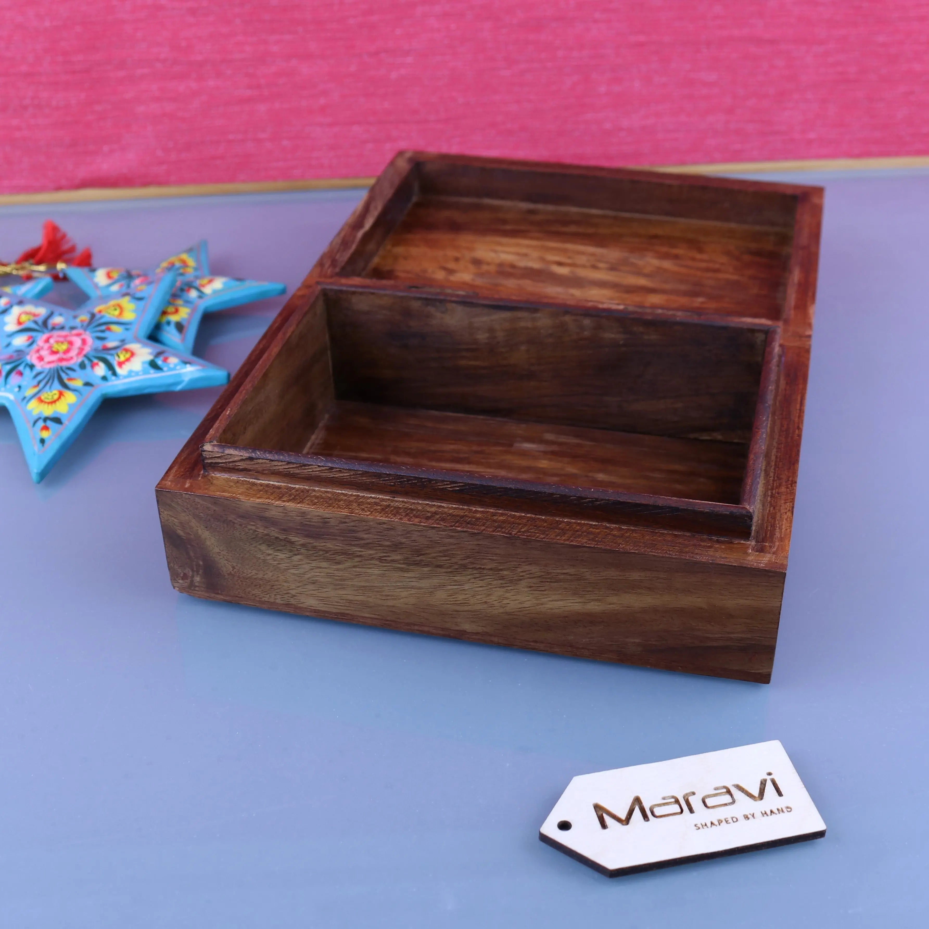 A dark brown wooden storage box with two compartments and a rustic finish from khalka plain wooden storage boxes