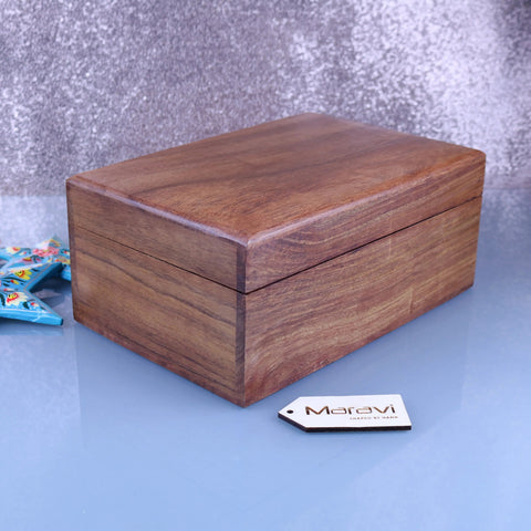 A polished wooden rectangular storage box with rich brown finish and visible wood grain for wooden storage use