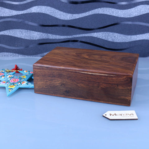 A rich dark brown khalka plain wooden storage box with smooth finish and visible grain perfect for wooden storage