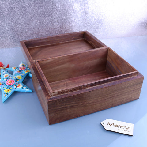 A rustic brown wooden storage box with divided interior by maravi perfect for organizing small items