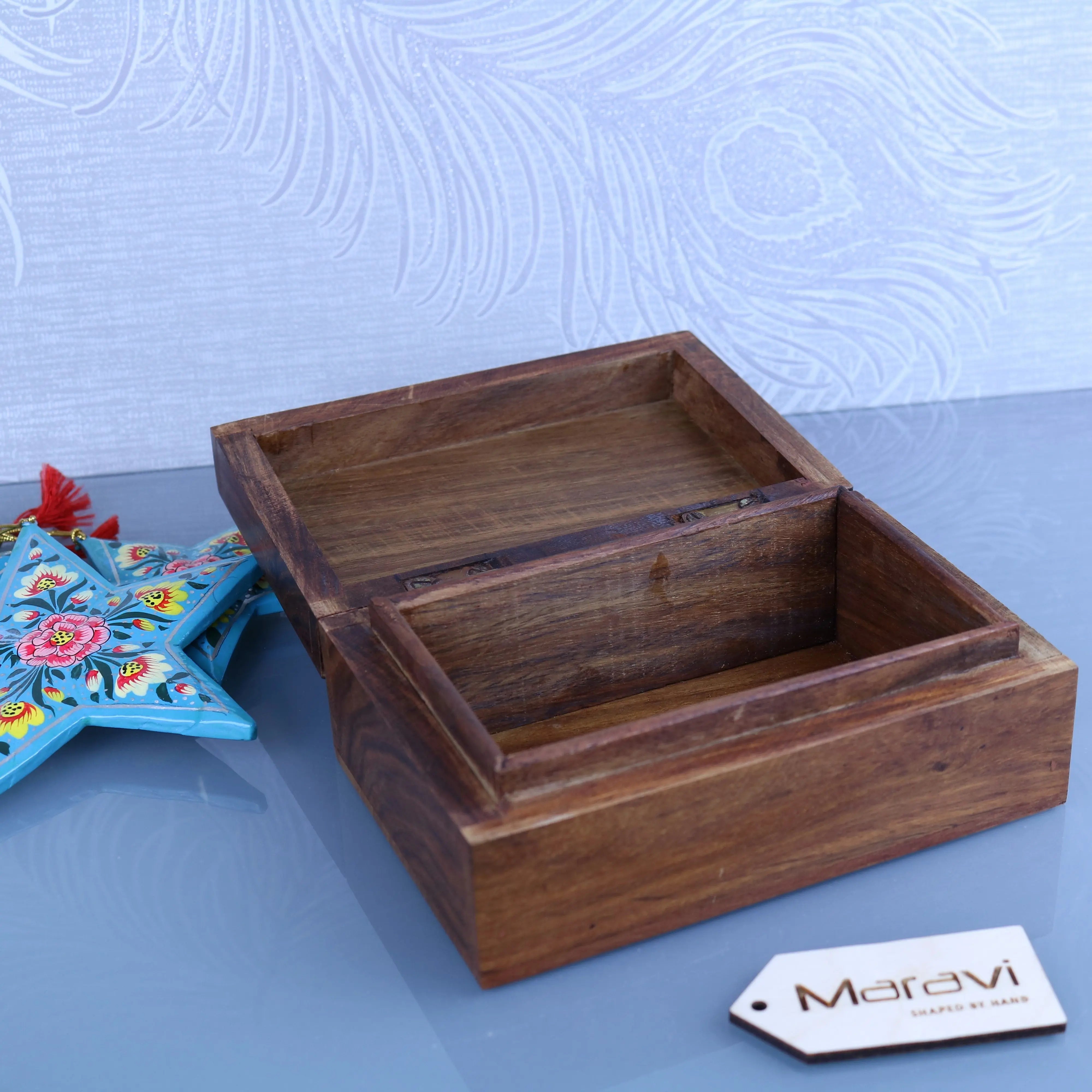 A rustic dark brown wooden storage box with hinged lid and divided inner compartment from Khalka Plain wooden storage boxes
