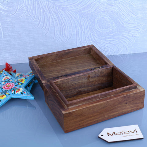 A rustic dark brown wooden storage box with hinged lid and divided inner compartment from Khalka Plain wooden storage boxes