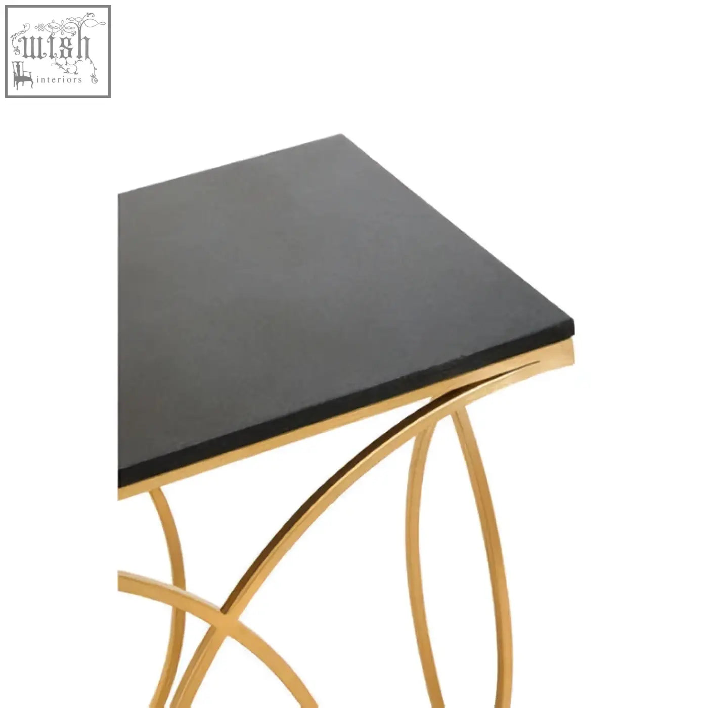 Kia black and gold console table with black marble top and gold console legs in an elegant intertwined design