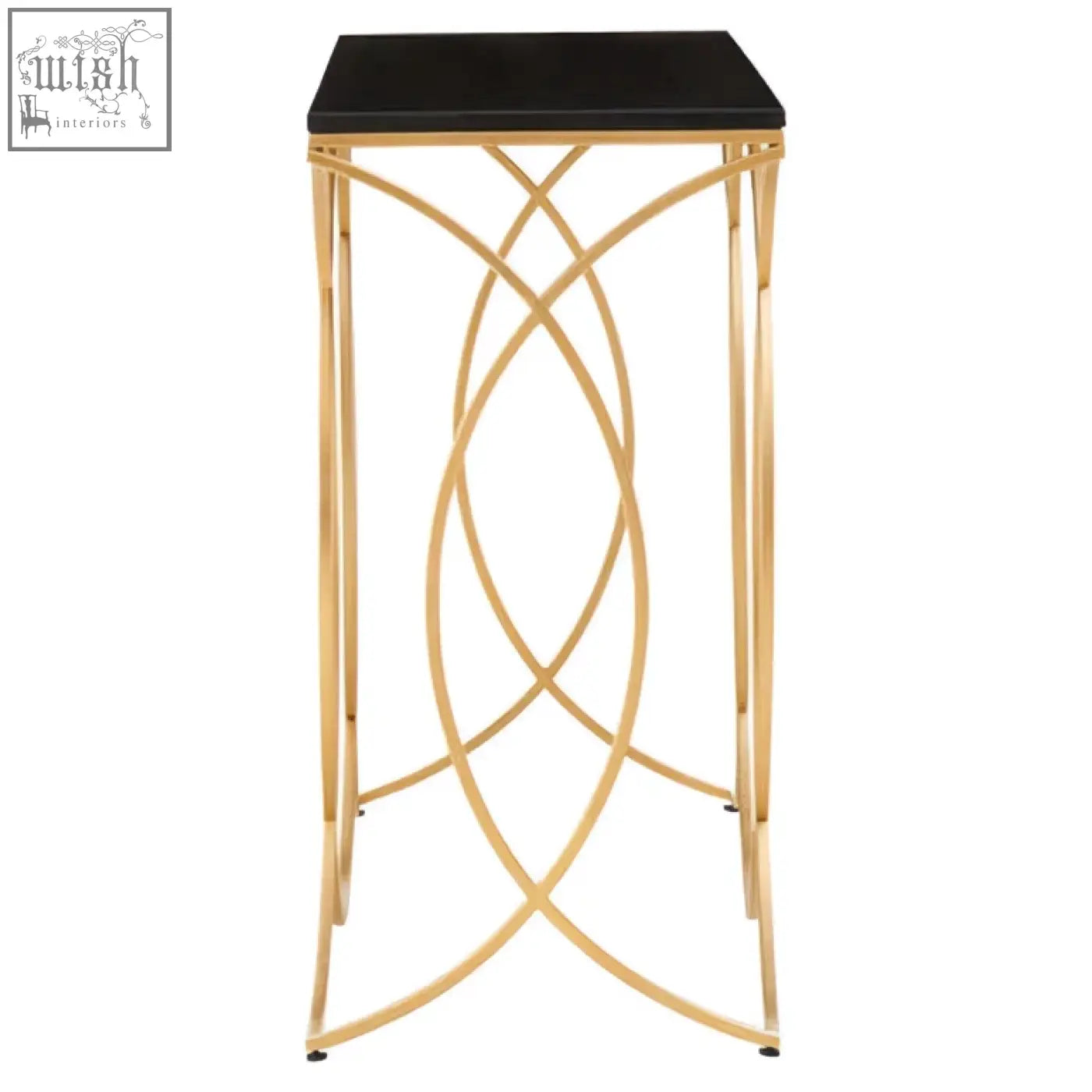 Kia black and gold console table with a sleek black top and gold console base featuring interwoven geometric design