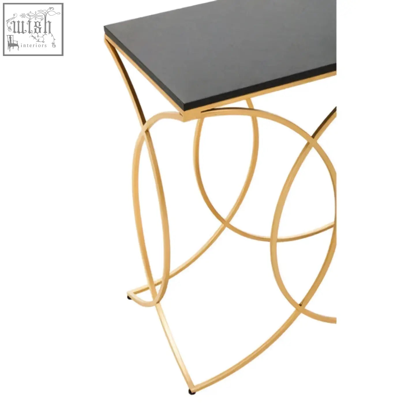 Kia black and gold console table with a gold console metal base and sleek black glass top side table design