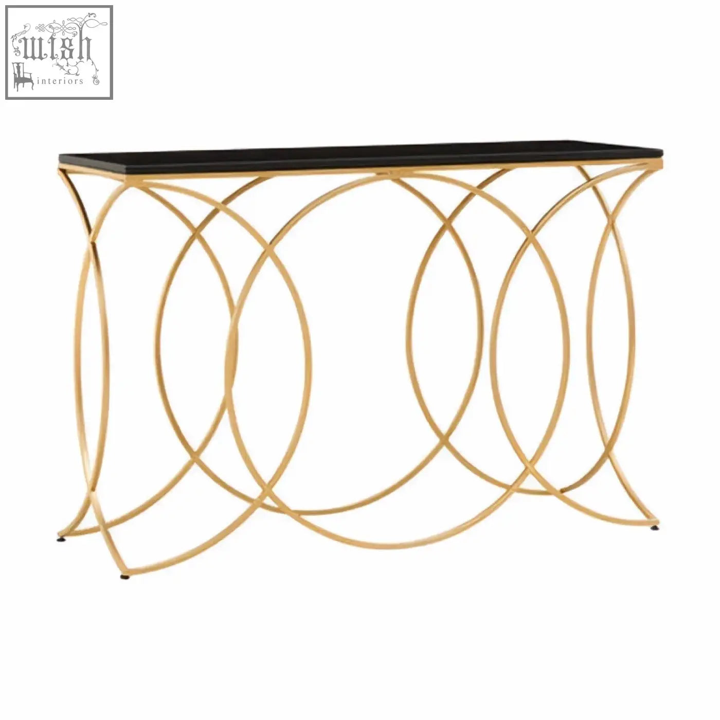 Kia black and gold console table with sleek black marble top and gold console metal base with interlocking circles