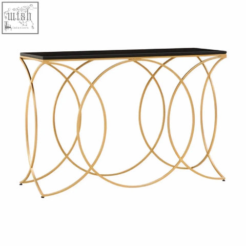Kia black and gold console table with sleek black marble top and gold console metal base with interlocking circles
