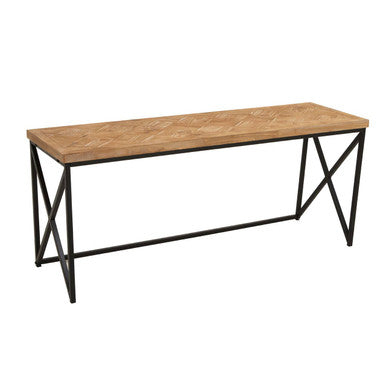 Industrial-style kickford parquet fir wood coffee table with light wood chevron top and black metal x-frame legs