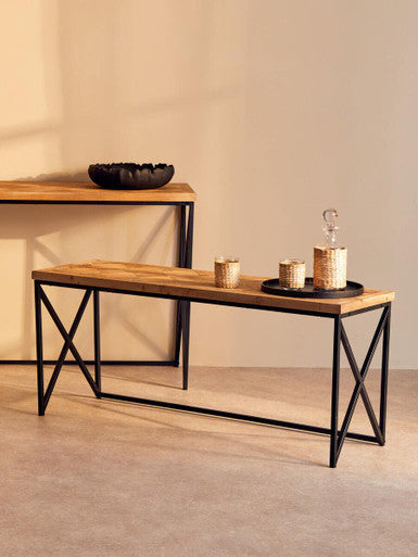 Industrial-style kickford parquet fir wood coffee table with natural wood top and black metal x-frame legs