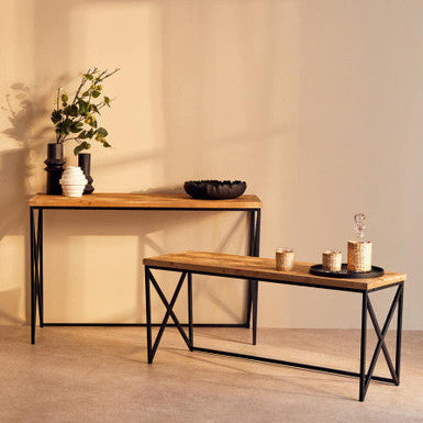 Modern wooden console table with black metal x-frame legs in kickford parquet fir parquet fir wood finish