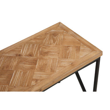 Kickford parquet fir wood coffee table with a rustic herringbone fir wood top and black metal legs