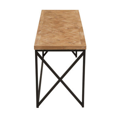 A rustic kickford parquet fir wood coffee table with a herringbone top and black metal x-shaped legs