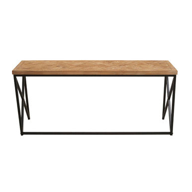 Kickford parquet fir wood coffee table with a warm wooden top and black metal x-shaped legs