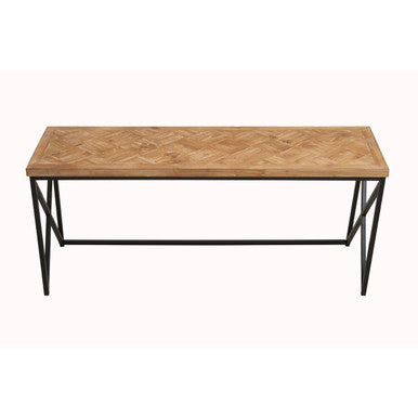 Kickford parquet fir wood coffee table with light fir wood top in intricate herringbone pattern and black metal legs