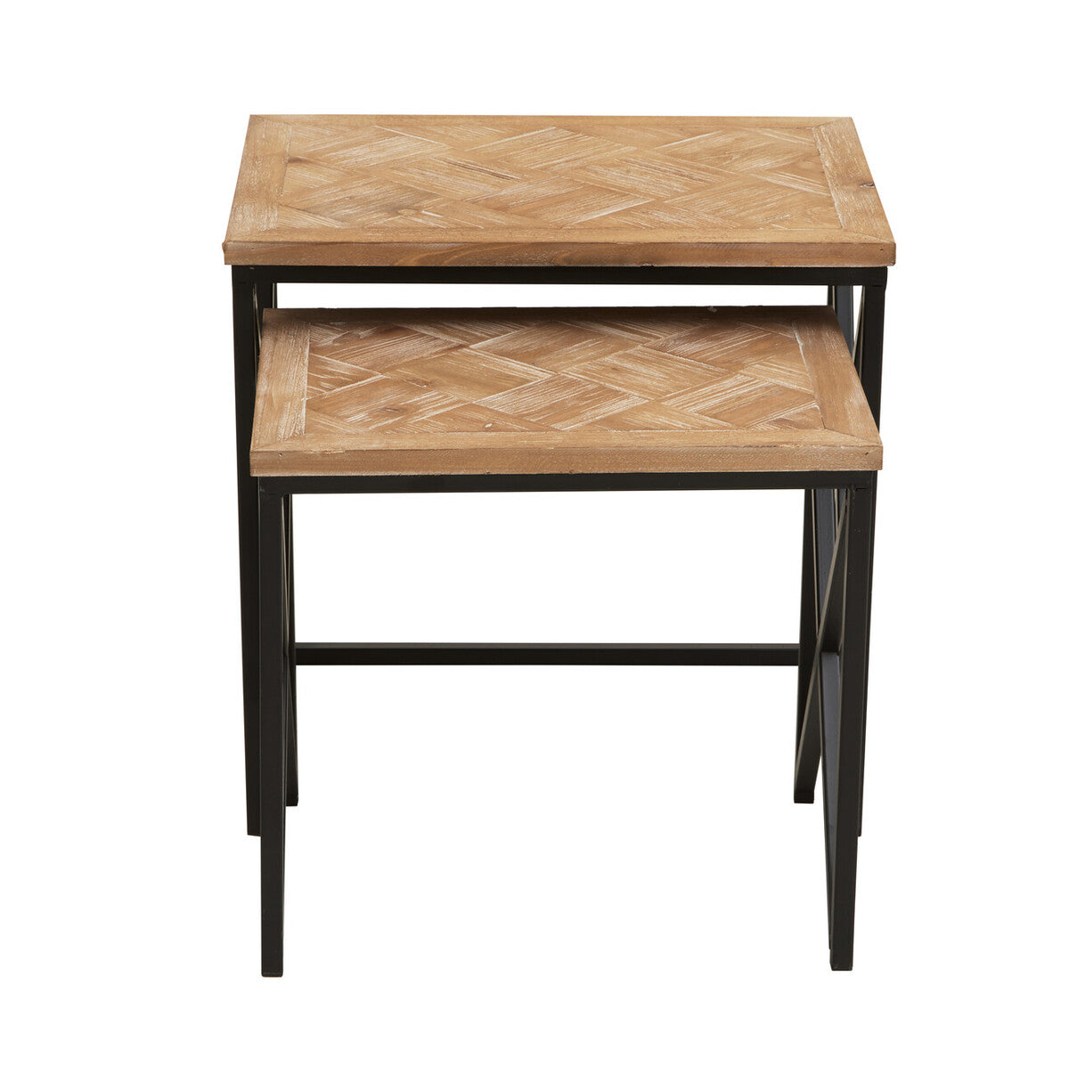 Set of two kickford parquet fir wood nesting tables with light wood herringbone tops and black metal frames