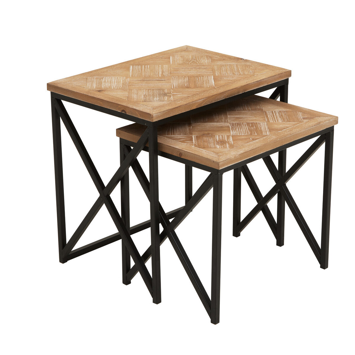 Set of two kickford parquet fir wood nesting tables with light herringbone tops and black metal x-shaped legs