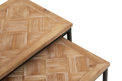 Kickford parquet fir wood set of two nesting tables with light brown herringbone fir wood tabletop and black metal legs
