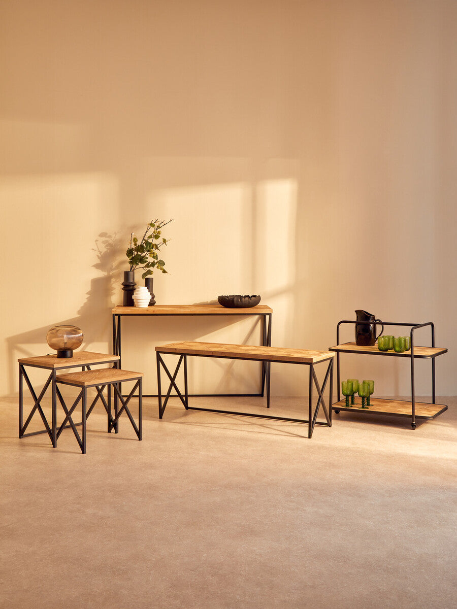 Modern wooden kickford parquet fir nesting tables with black metal frames and minimalist fir wood set design