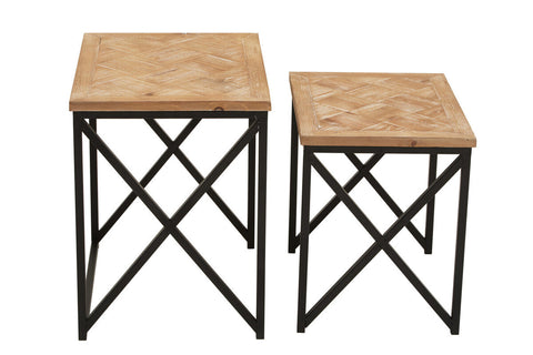Pair of rustic kickford parquet fir wood end tables with herringbone top and black metal x-frame legs