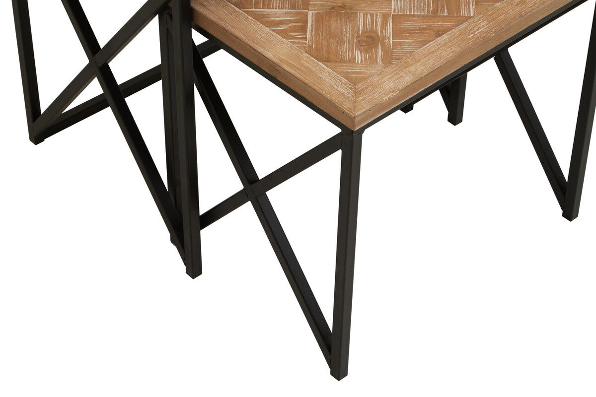 Kickford parquet fir wood set of two nesting tables with rustic herringbone parquet fir wood top and black metal legs