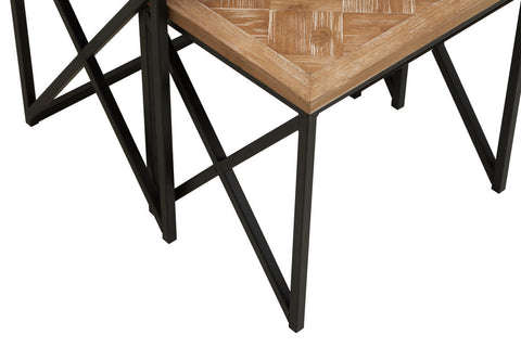Kickford parquet fir wood set of two nesting tables with rustic herringbone parquet fir wood top and black metal legs