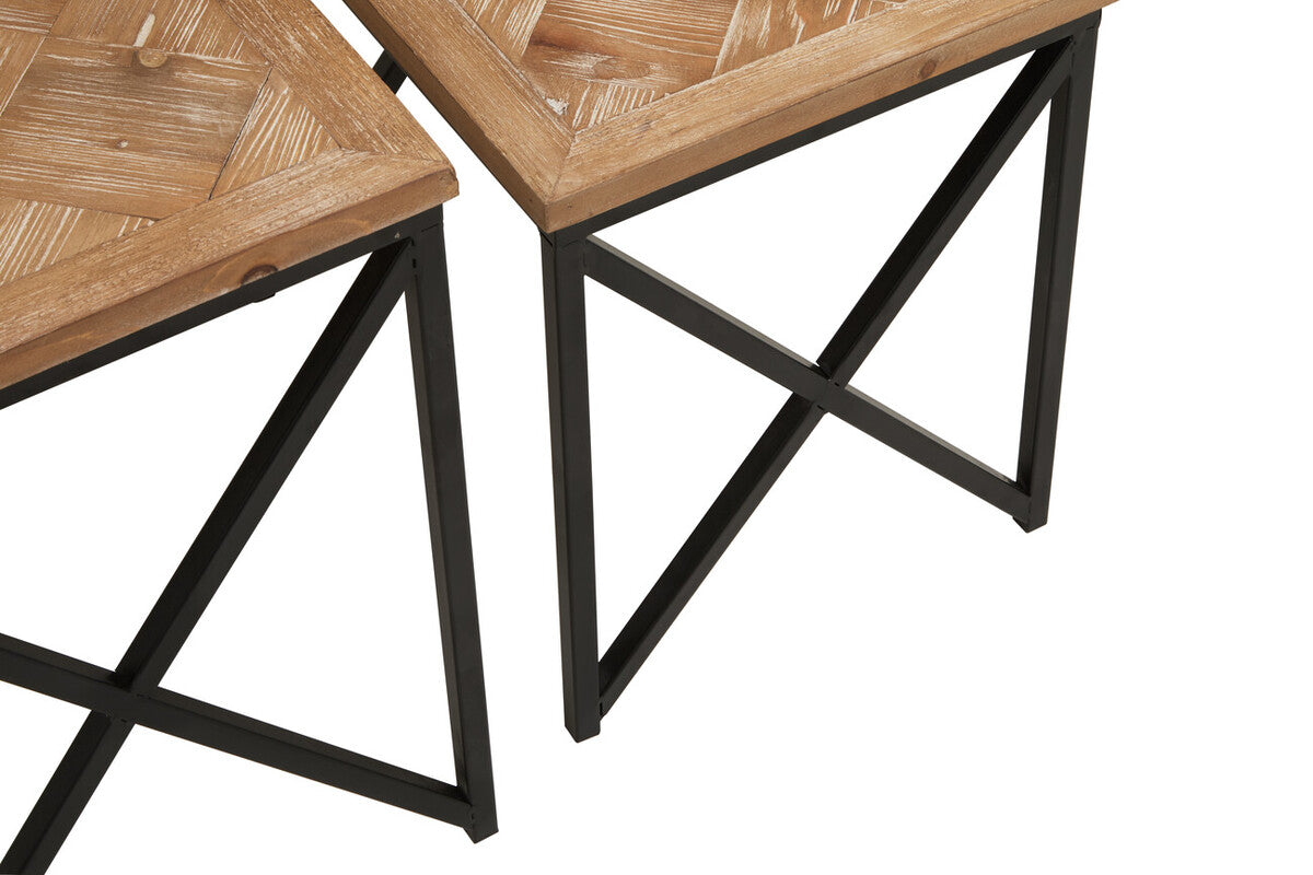 Two rustic kickford parquet fir wood nesting tables with herringbone tops and black metal x-shaped legs