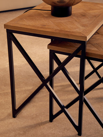 Rustic kickford parquet fir wood set of two nesting tables with herringbone top and black metal x-shaped legs