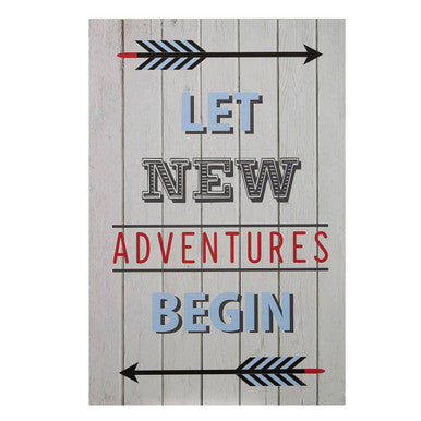 Kids let new adventures begin wall plaque with rustic wood, layered blue red lettering and black arrows with red tips