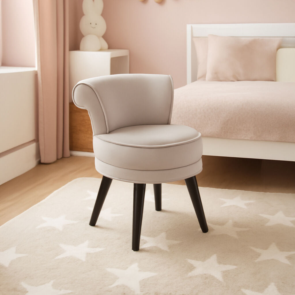 Kids loretta mink velvet chair with soft beige mink velvet upholstery curved arms and dark wooden legs