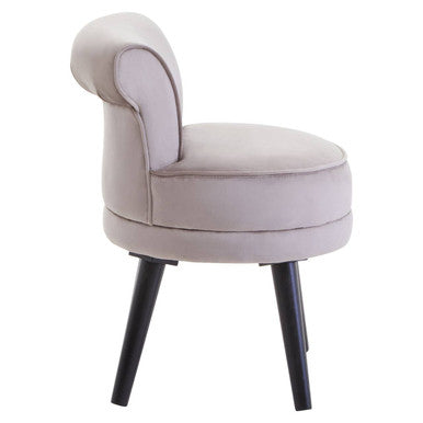 A soft gray loretta mink velvet kids chair with rounded back and four slender black legs