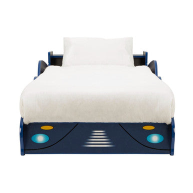 Blue wooden kids racing car bed with illuminated headlights and glowing center stripe for kids racing fun
