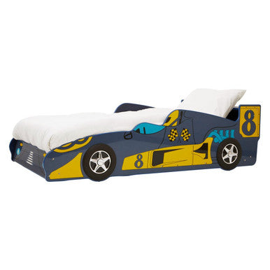 Kids racing car bed in blue and yellow with black wheels, number 8 decals, and checkered flag accents for kids racing fun