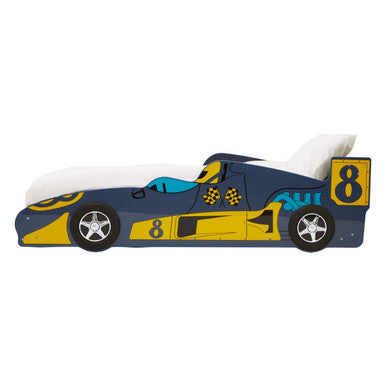 Kids racing car bed in blue and yellow with black wheels and number eight perfect for kids racing sleep fun