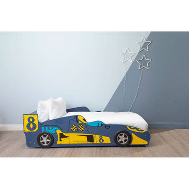 Blue and yellow kids racing car bed with black wheels and number 8 decals perfect for kids racing fans