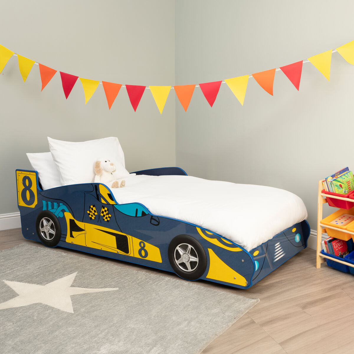 Blue and yellow kids racing car bed with black wheels and number 8 decals perfect for kids racing fun