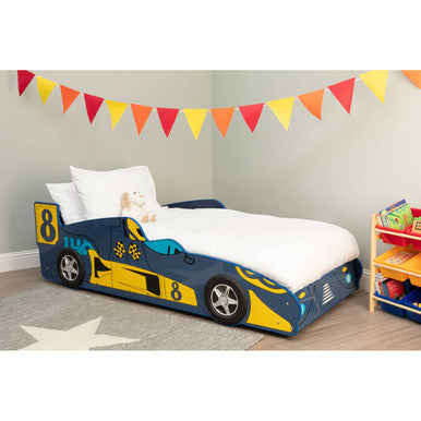 Blue and yellow kids racing car bed with black wheels and number 8 decals perfect for toddlers racing car bed
