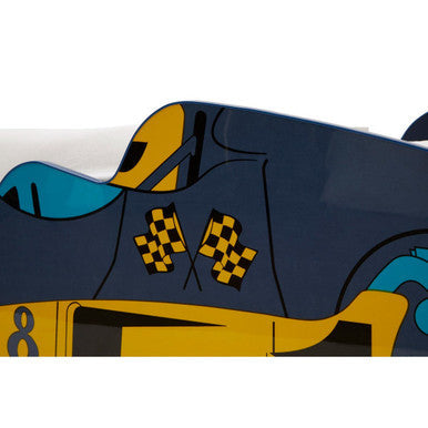 Kids racing car bed featuring a sleek dark blue and yellow racing car design with bold checkered flag decals on the side