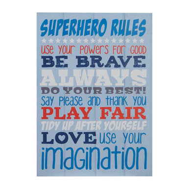 Kids superhero rules wall plaque with blue and red text on light blue background featuring motivational phrases