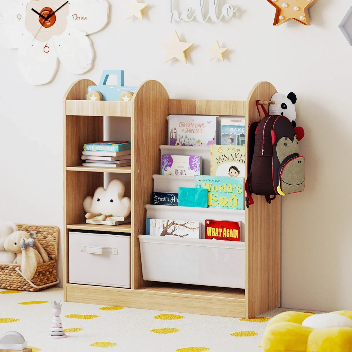 Kids Bookshelf with Full-Length Mirror and 4-Tier Sling Shelves-White