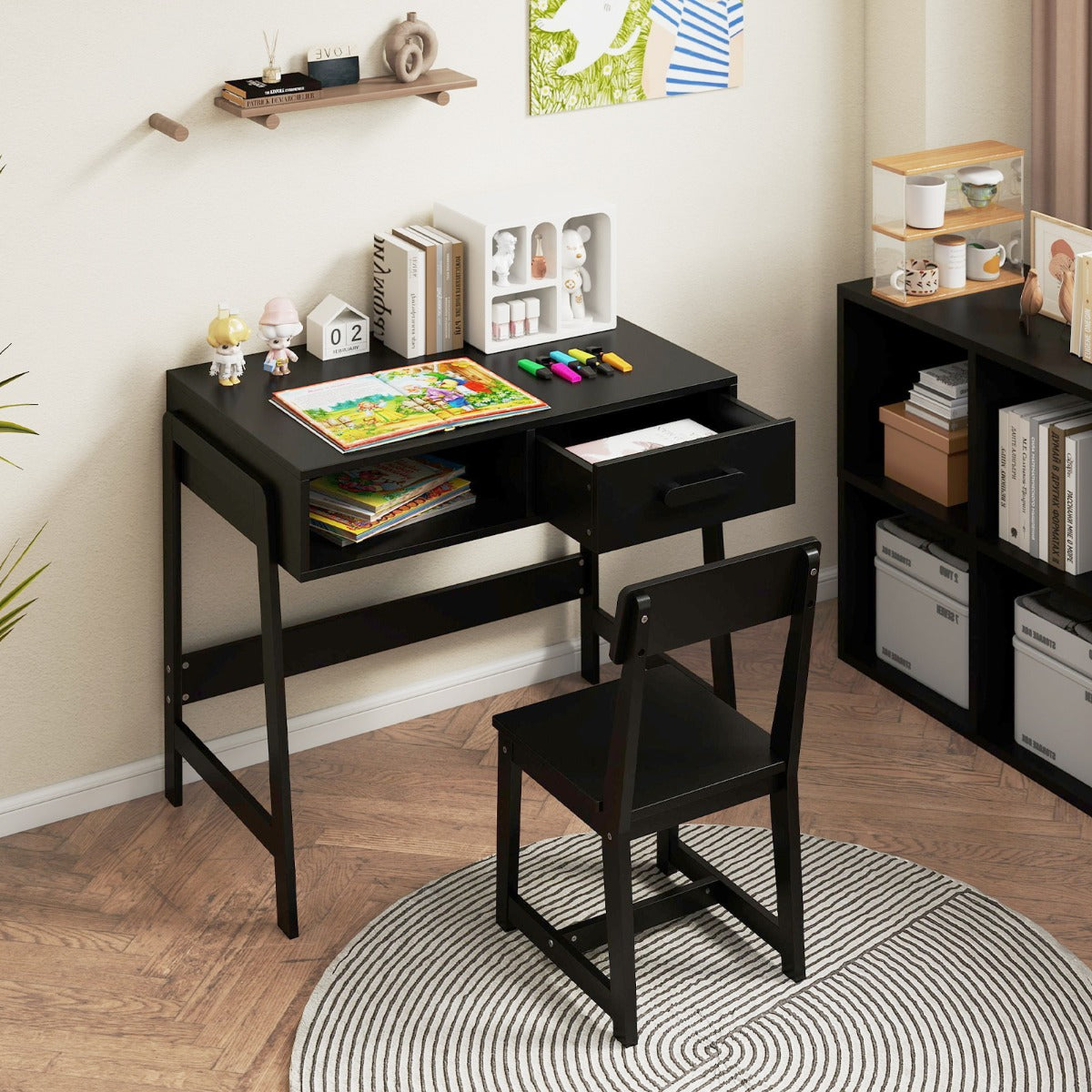 Kids Desk and Chair Set with Drawer and Pine Wood Legs-Black