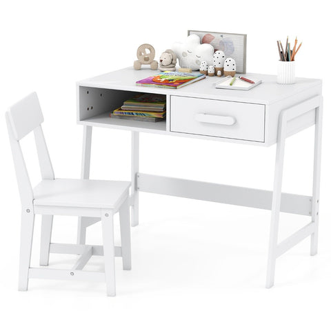 Kids Desk and Chair Set with Drawer and Pine Wood Legs-Black