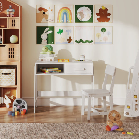 Kids Desk and Chair Set with Drawer and Pine Wood Legs-Black