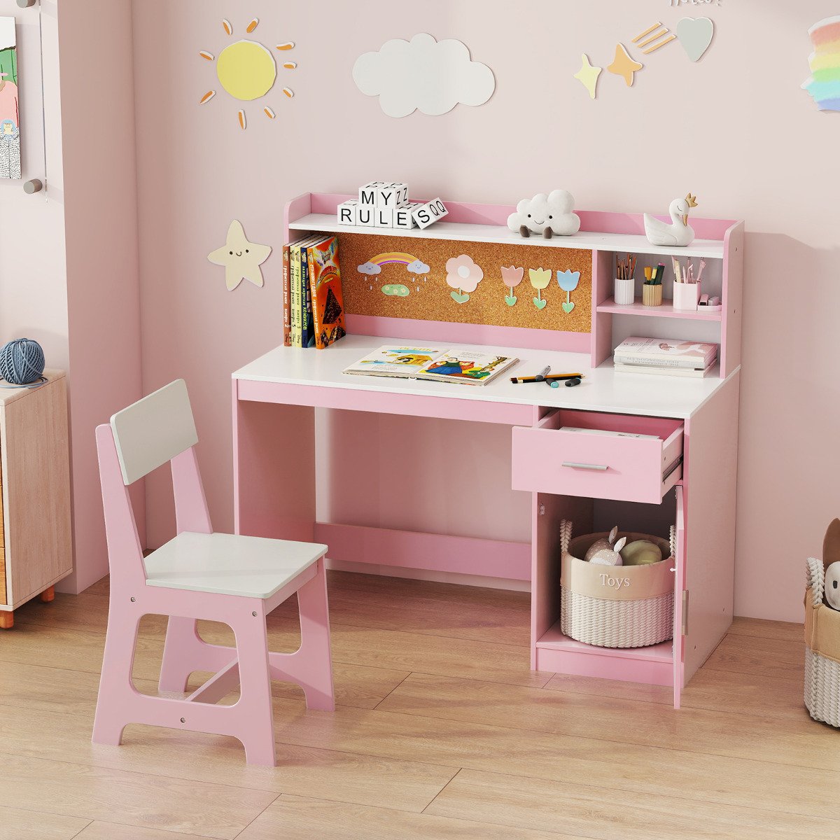Kids Study Desk and Chair Set with Shelves and Storage Cabinet-Natural